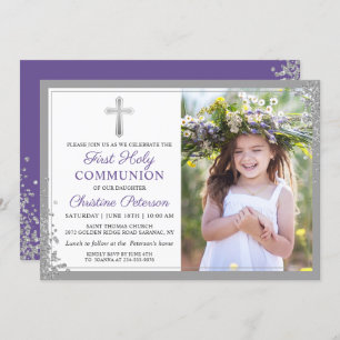 Silver Lavender Purple First Communion Photo Invitation