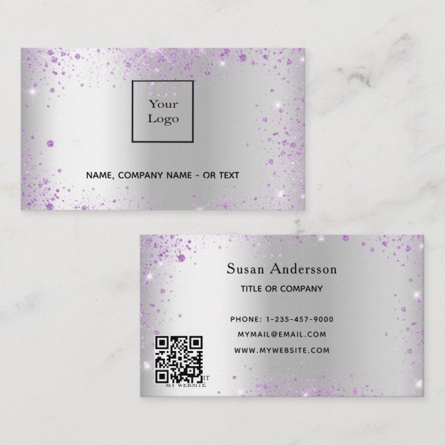 Silver lavender QR code glitter Business Card (Front/Back)