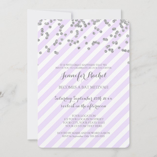 Silver Lavender Stripes Bat Mitzvah Invitations (Back)