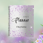 Silver lavender violet glitter name 2024 planner<br><div class="desc">A faux silver metallic looking background decorated with purple,  violet faux glitter dust.  Personalise and add a name and year.</div>