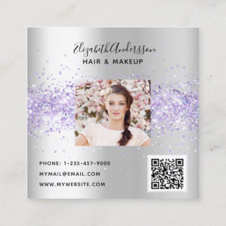 Silver lavender violet profile photo qr code square business card
