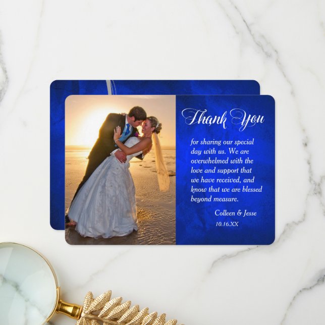 Silver Leaf Bright Blue Photo Wedding Thank You (Front/Back In Situ)