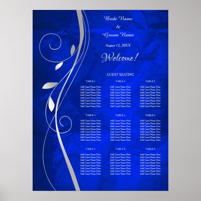 Silver Leaf Bright Blue Wedding Seating Chart (Front)
