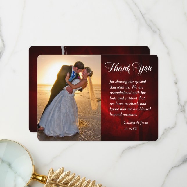 Silver Leaf Deep Red Photo Wedding Thank You Card (Front/Back In Situ)