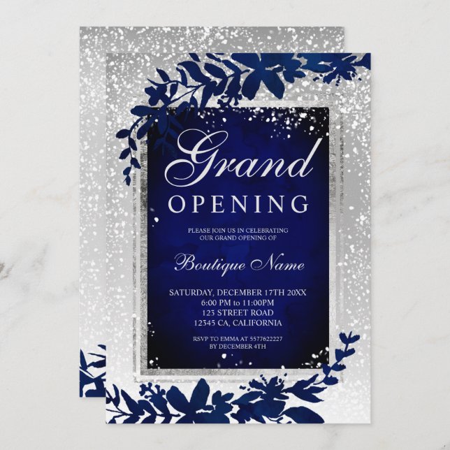 Silver leaf snow navy blue Christmas grand opening Invitation (Front/Back)