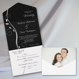 Silver Leaf Swirl Black Photo Template Wedding