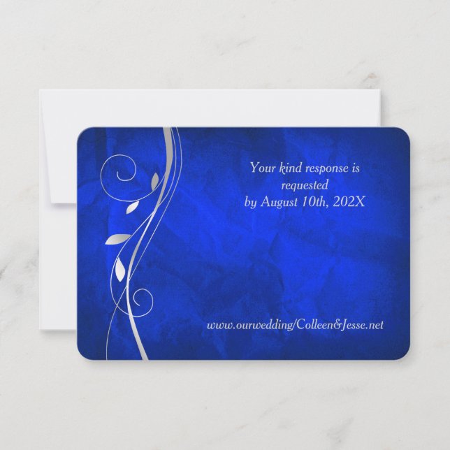 Silver Leaf Swirl Bright Blue Wedding RSVP Card (Front)