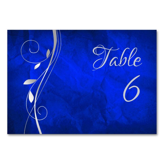 Silver Leaf Swirl Bright Blue Wedding Table Number (Front)