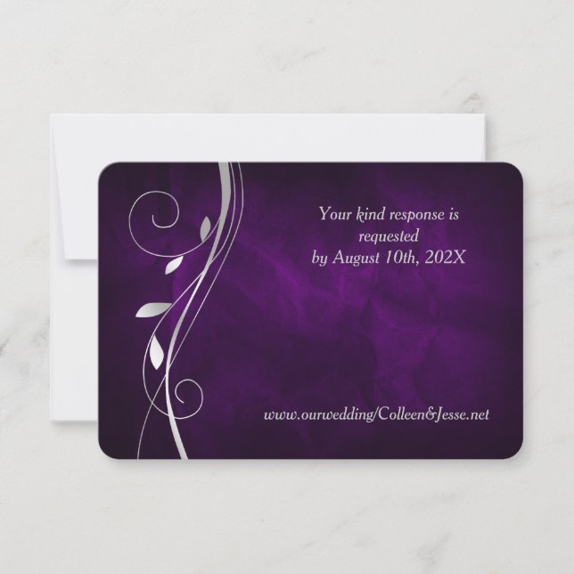 Silver Leaf Swirl Deep Purple Wedding RSVP Card (Front)