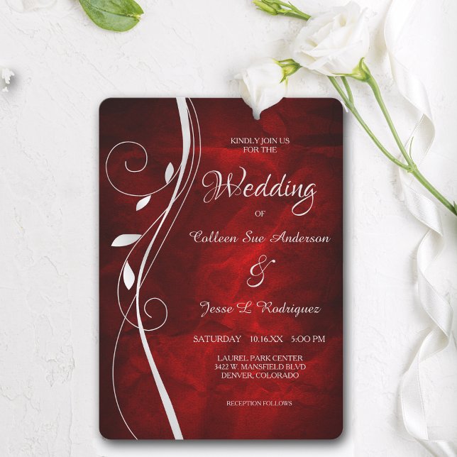 Silver Leaf Swirl Deep Red Wedding Invitation (Creator Uploaded)