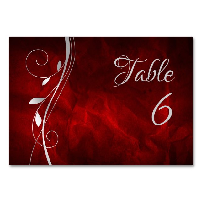 Silver Leaf Swirl Deep Red Wedding Table Number (Front)