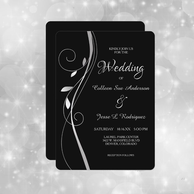 Silver Leaf Swirl Elegant Black Wedding Invitation (Creator Uploaded)