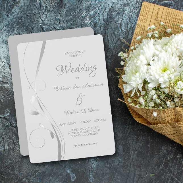 Silver Leaf Swirl Pale Grey Wedding Invitation (Creator Uploaded)