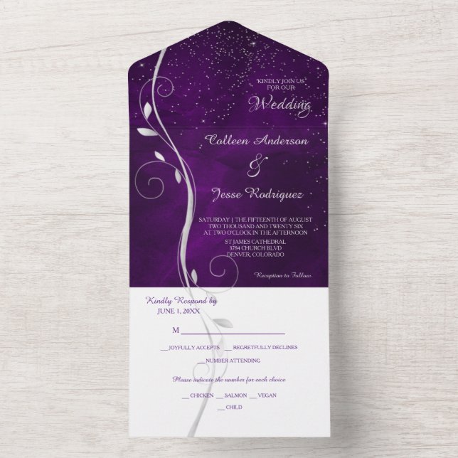 Silver Leaf Swirl Purple Photo Template Wedding (Inside)