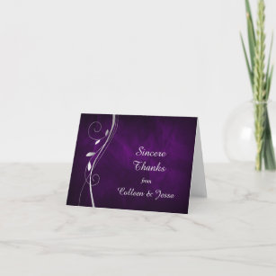 Silver Leaf Swirl Purple Wedding Thank You Card