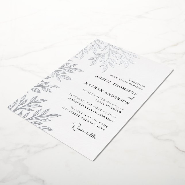 Silver Leaf Wedding Foil Invitation (Rotated)