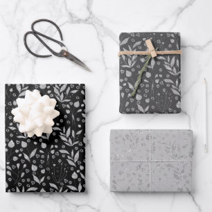 Silver Leaves Black and Grey Wrapping Paper Sheet