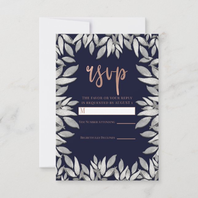Silver Leaves Botanical Glam Blue Pink Reply RSVP Card (Front)