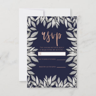 Silver Leaves Botanical Glam Blue Pink Reply RSVP Card