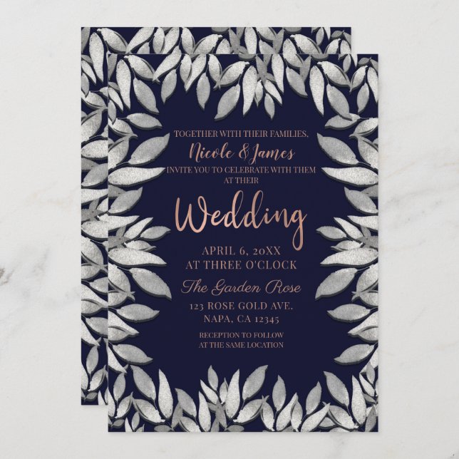 Silver Leaves Botanical Glam Blue Pink Wedding Invitation (Front/Back)