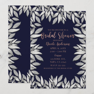Silver Leaves Botanical Glam Blue Pink Wedding Invitation