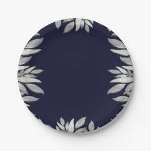 Silver Leaves Botanical Glam Blue Pink Wedding Paper Plate