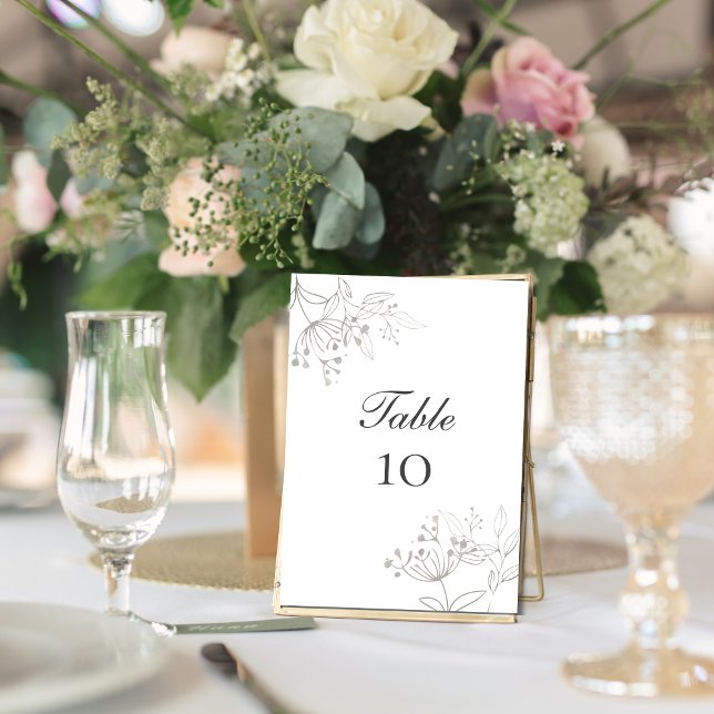 Silver Leaves Botanical  Wedding Table Number Card (Silver Gray leaves botanical wedding table number cards. Elegant Classic and Simple)
