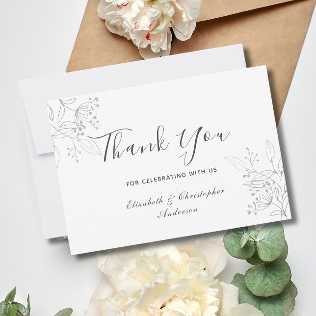 Silver Leaves Floral Botanical Minimalist Wedding Thank You Card (Silver Gray Botanical Floral Elegant Wedding Thank you card)