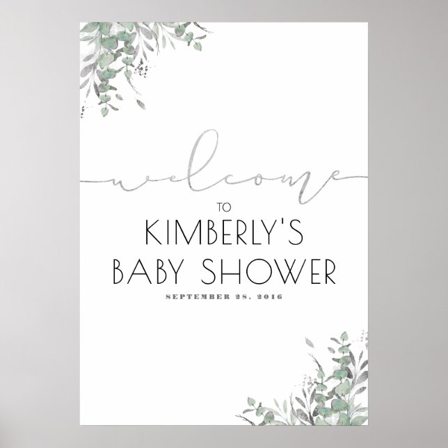 Silver Leaves Greenery Elegant Baby Shower Welcome Poster (Front)