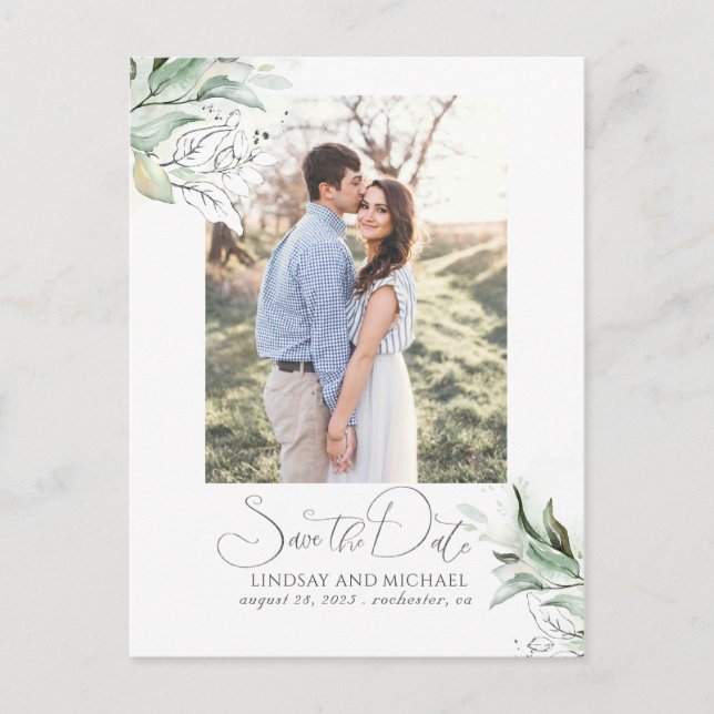 Silver Leaves Greenery Save the Date Photo Announcement Postcard (Front)