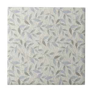 Silver Leaves on Grey Texture Print Ceramic Tile