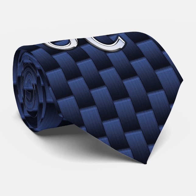 Silver Leo Symbol on Navy Blue Carbon Fibre Print Tie (Rolled)