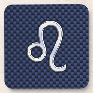 Silver Leo Zodiac Symbol Navy Carbon Fibre Print Coaster