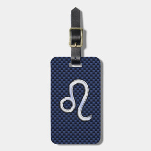 Silver Leo Zodiac Symbol Navy Carbon Fibre Print Luggage Tag