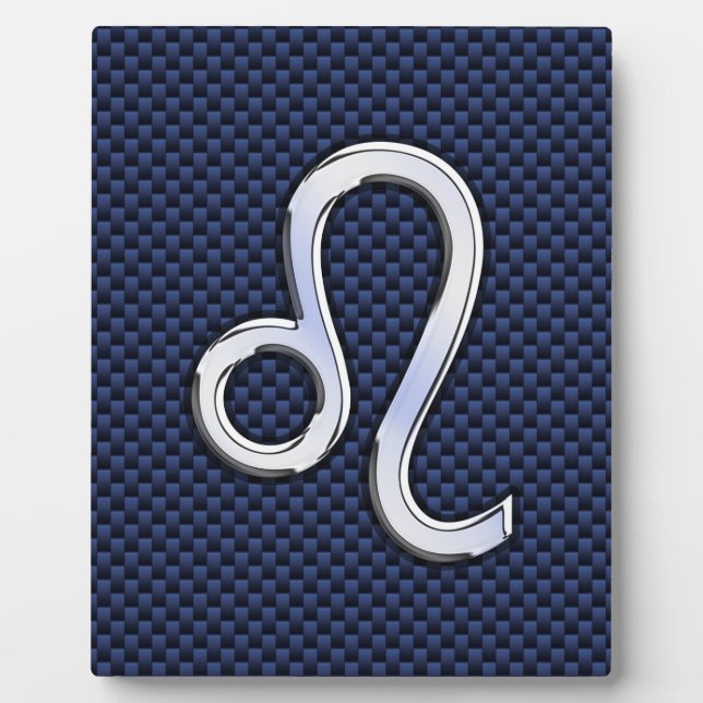 Silver Leo Zodiac Symbol Navy Carbon Fibre Print Plaque (Front)