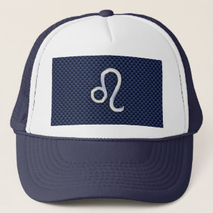 Silver Leo Zodiac Symbol Navy Carbon Fibre Print Trucker Hat