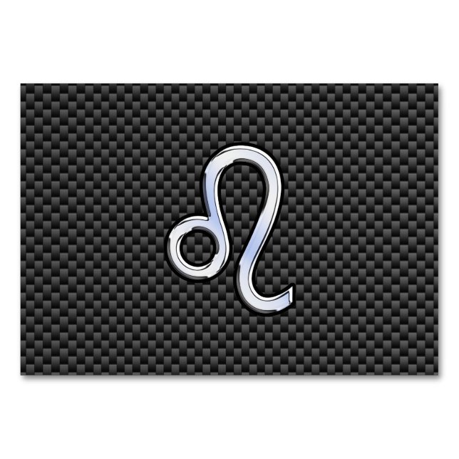 Silver Leo Zodiac Symbol on Carbon Fibre Print Table Number (Front)