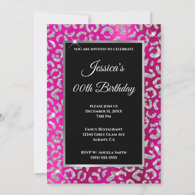 Silver Leopard Glitter Hot Pink Foil Birthday Invitation (Front)