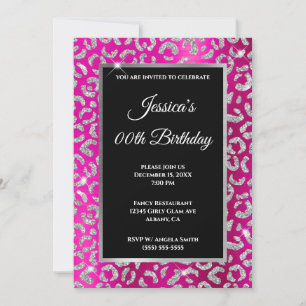 Silver Leopard Glitter Hot Pink Foil Birthday Invitation
