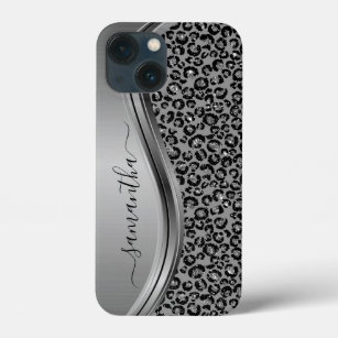 Silver Leopard  Handwritten Name Metal iPhone 13 Mini Case
