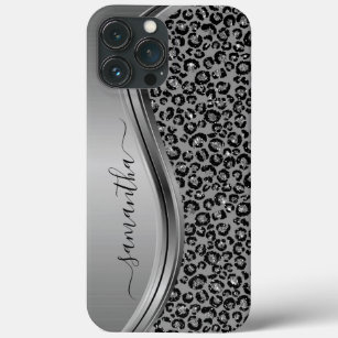 Silver Leopard  Handwritten Name Metal iPhone 13 Pro Max Case