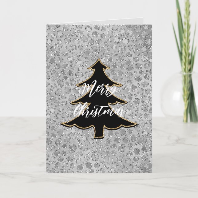 Silver Leopard Merry Christmas Tree Card (Front)