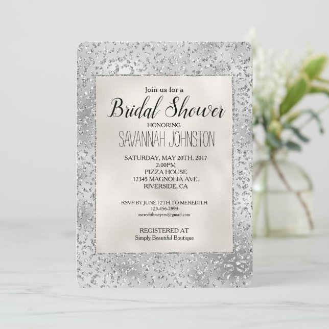 Silver Leopard Print Luxe Glitter Bridal   Invitation (Standing Front)