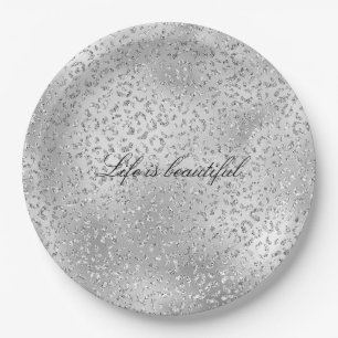 Silver Leopard Print Luxe Glitter     Paper Plate