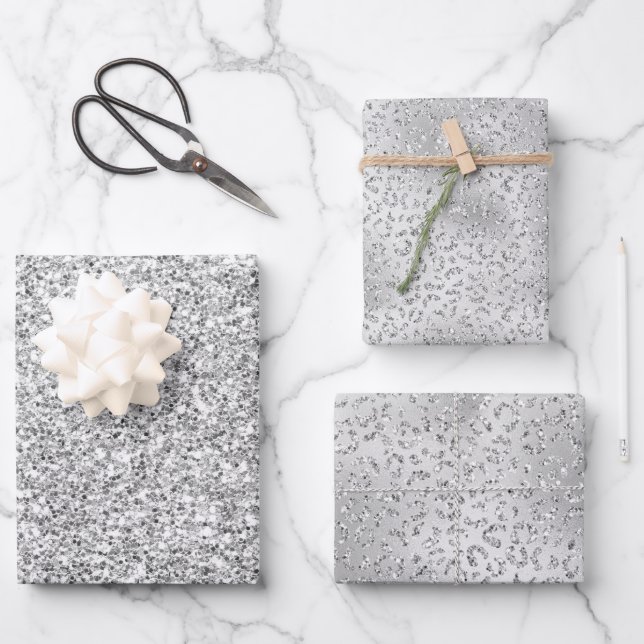 Silver Leopard Print Luxe Glitter       Wrapping Paper Sheet (Front)