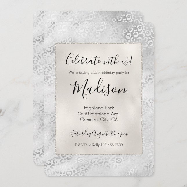 Silver Leopard Print personalised Invitation (Front/Back)