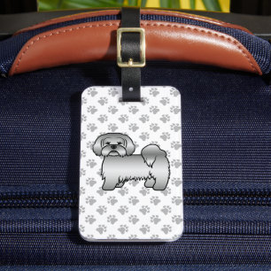 Silver Lhasa Apso Cute Cartoon Dog & Custom Text Luggage Tag