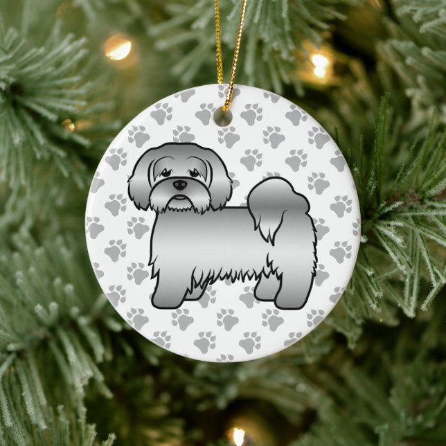 Silver Lhasa Apso Cute Cartoon Dog Illustration Ceramic Ornament (Tree)
