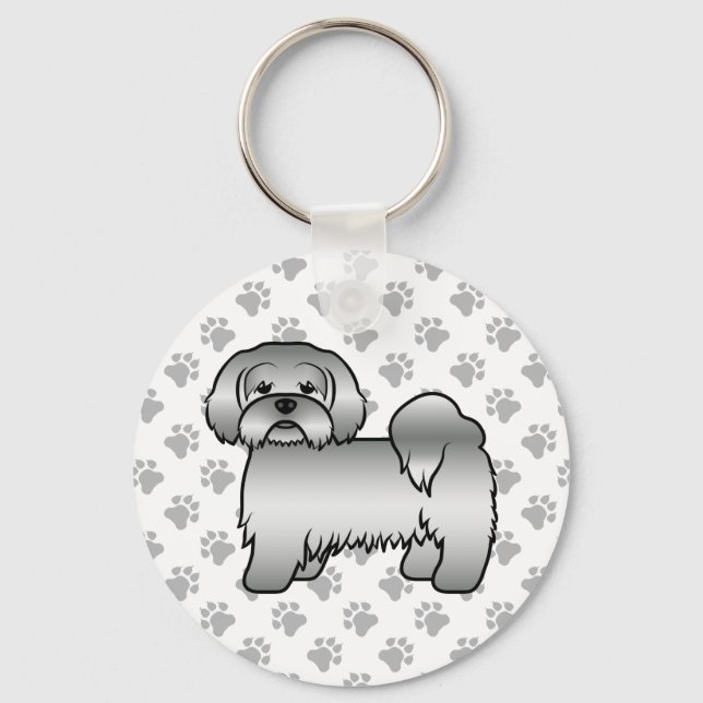 Silver Lhasa Apso Cute Cartoon Dog Illustration Key Ring (Front)