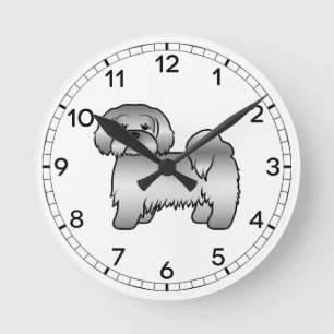Silver Lhasa Apso Cute Cartoon Dog Illustration Round Clock